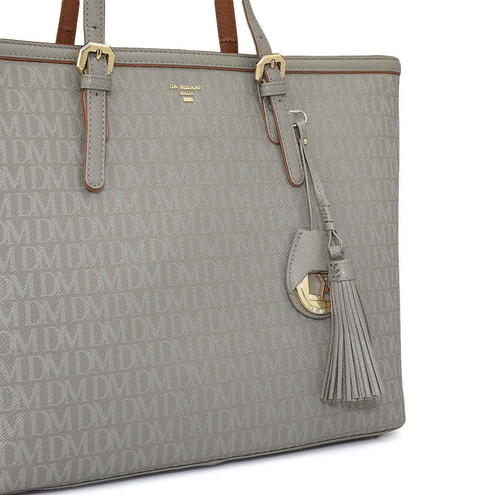 Medium Monogram Leather Tote - Stone Grey