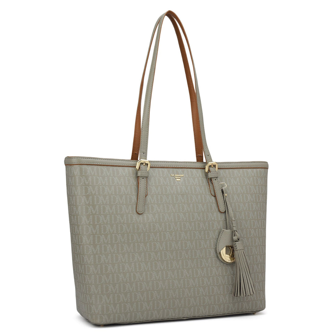 Medium Monogram Leather Tote - Stone Grey