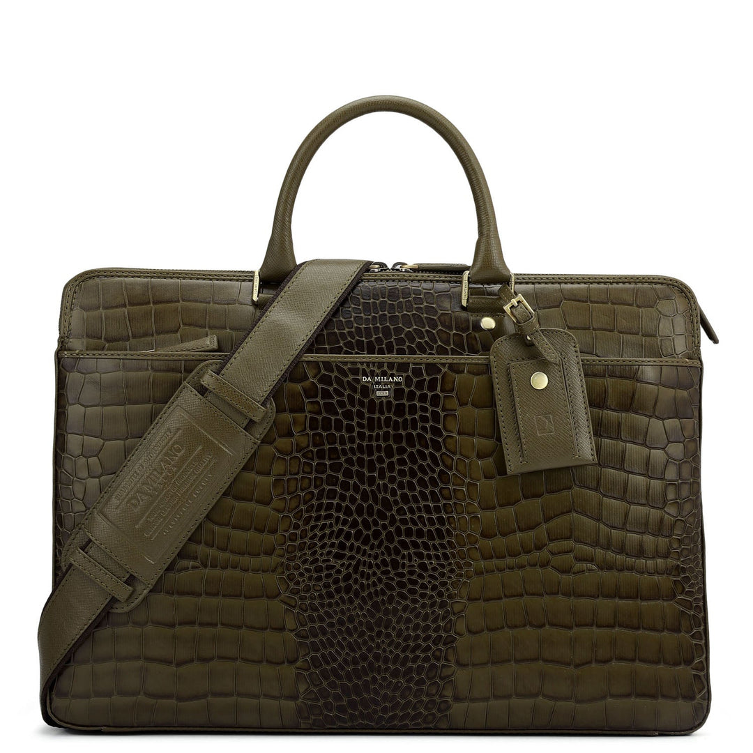 Croco Franzy Leather Laptop Bag - Military Green