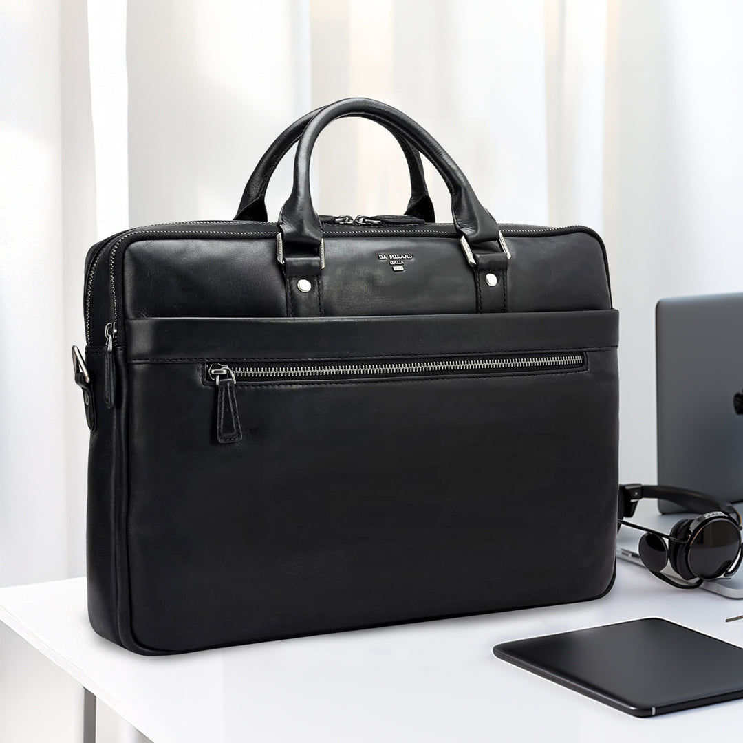 Plain Italian Leather Laptop Bag - Black