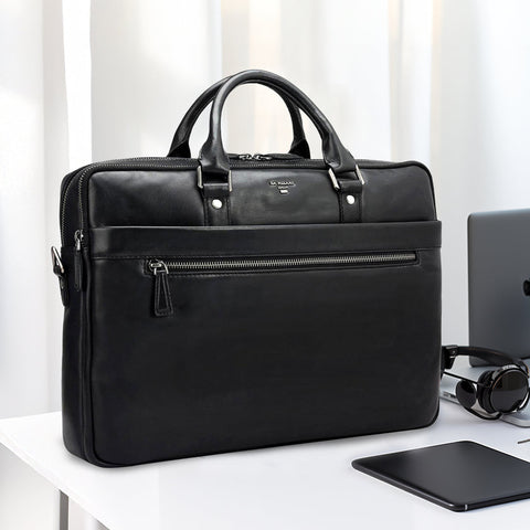 Plain Italian Leather Laptop Bag - Black