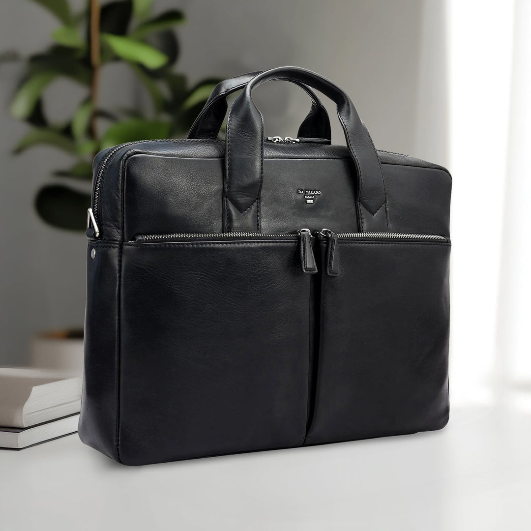 Plain Italian Leather Laptop Bag - Black