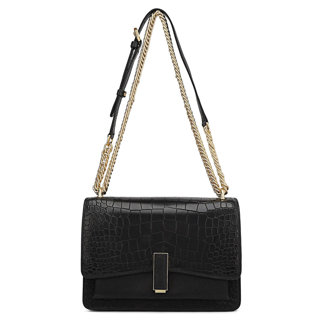 Small Croco Franzy Leather Shoulder Bag - Black