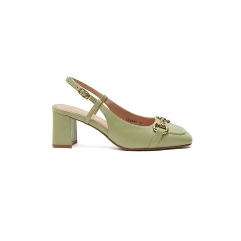 Green Slingback Pumps With Gold Embellishment