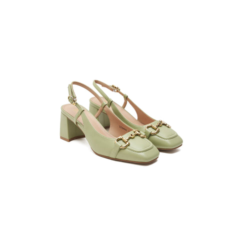 Green Slingback Pumps With Gold Embellishment