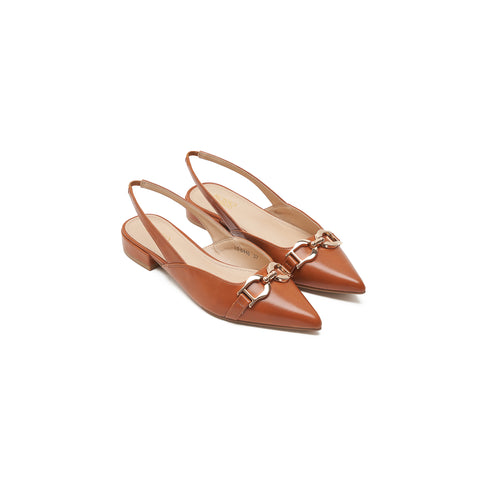 Tan Slingback Pumps With Gold Embellishment