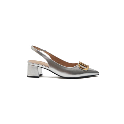 Silver Slingback Pumps With Gold Embellishment