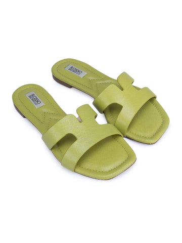 Green Foux Leather Sliders
