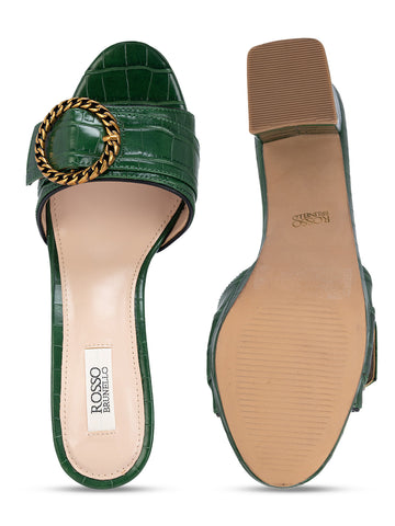 Green Croco Textured Block Heel