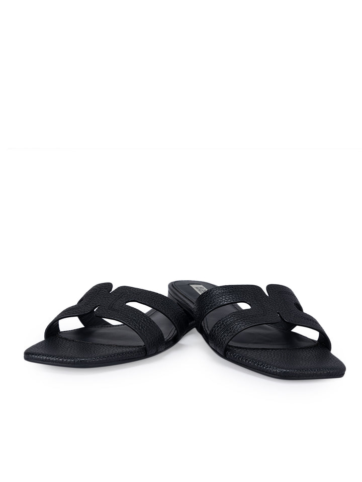 Black Textured Leather Sliders