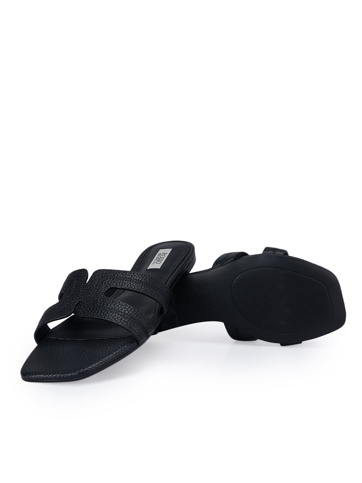 Black Textured Leather Sliders