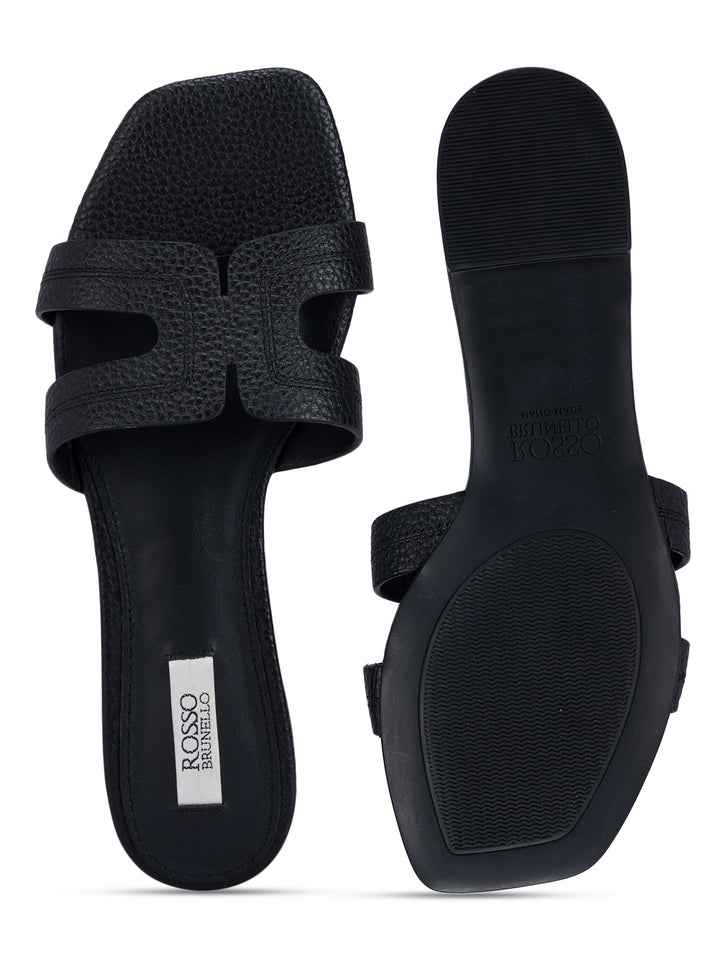 Black Textured Leather Sliders