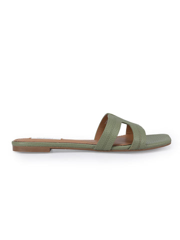Green Textured Leather Sliders
