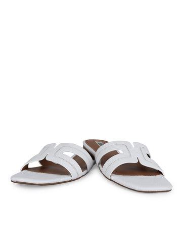 White Textured Leather Sliders