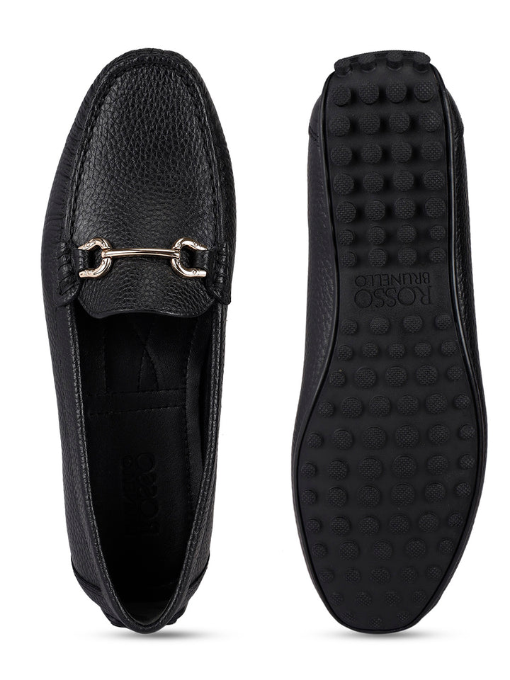 Black Leather Moccasins With Buckle
