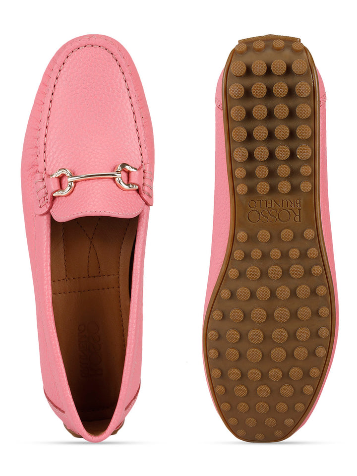 Pink Leather Moccasins With Buckle