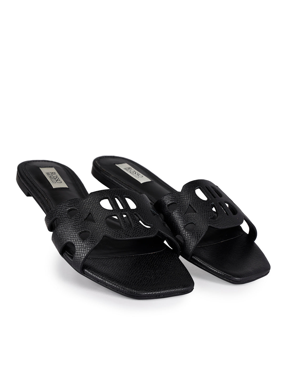 Black Textured Leather Sliders