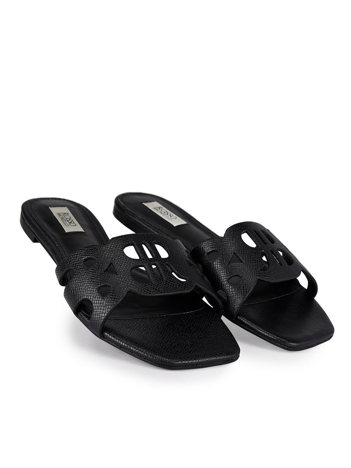 Black Textured Leather Sliders