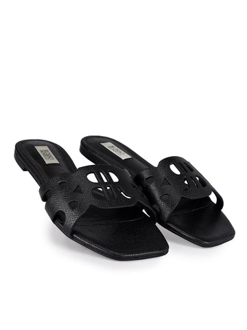Black Textured Leather Sliders