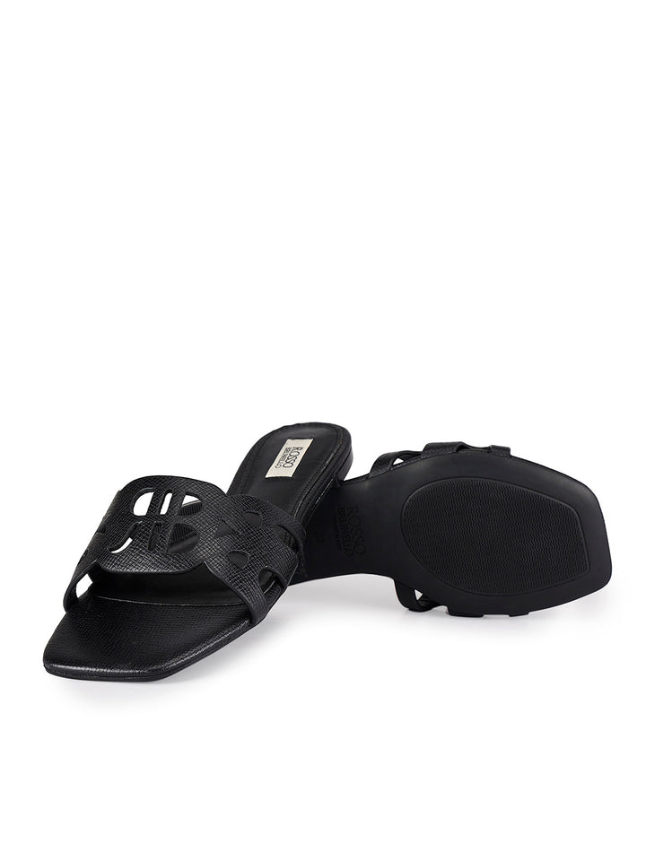 Black Textured Leather Sliders