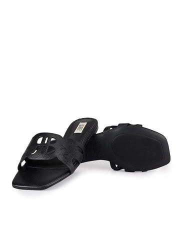 Black Textured Leather Sliders