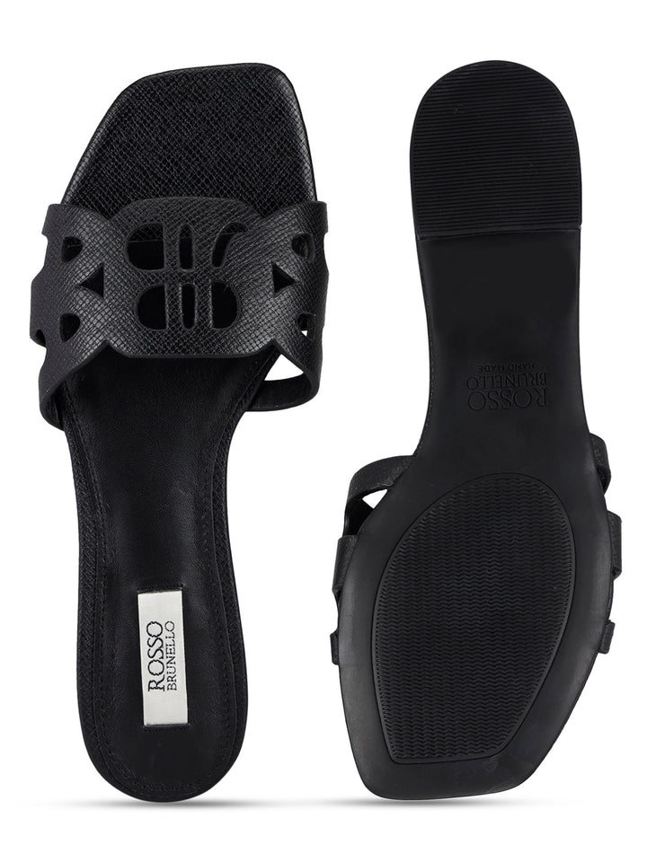 Black Textured Leather Sliders