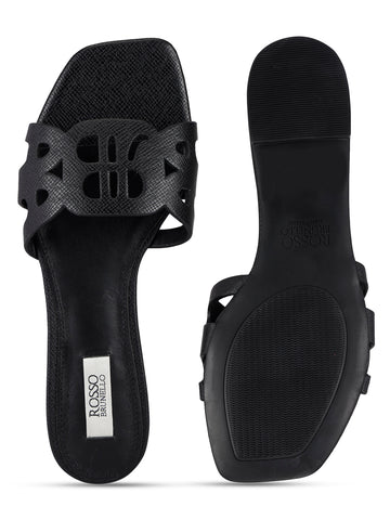 Black Textured Leather Sliders