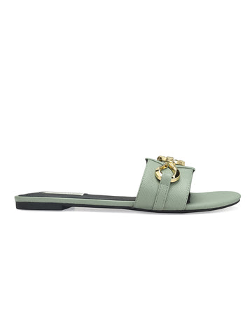 Jade Leather Flats With Buckle