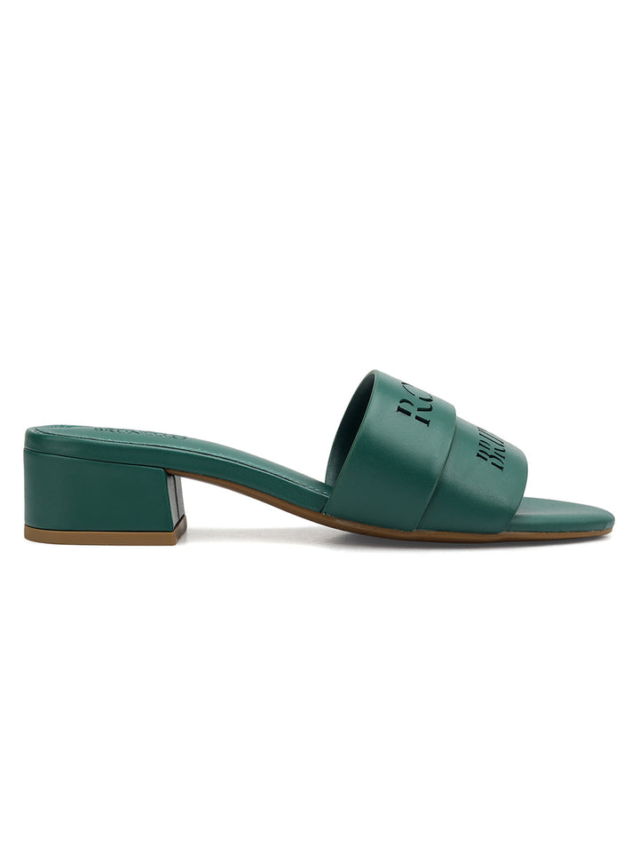 Green Plain Leather Block Heels