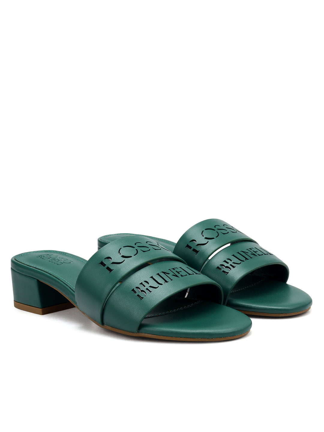 Green Plain Leather Block Heels