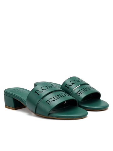 Green Plain Leather Block Heels