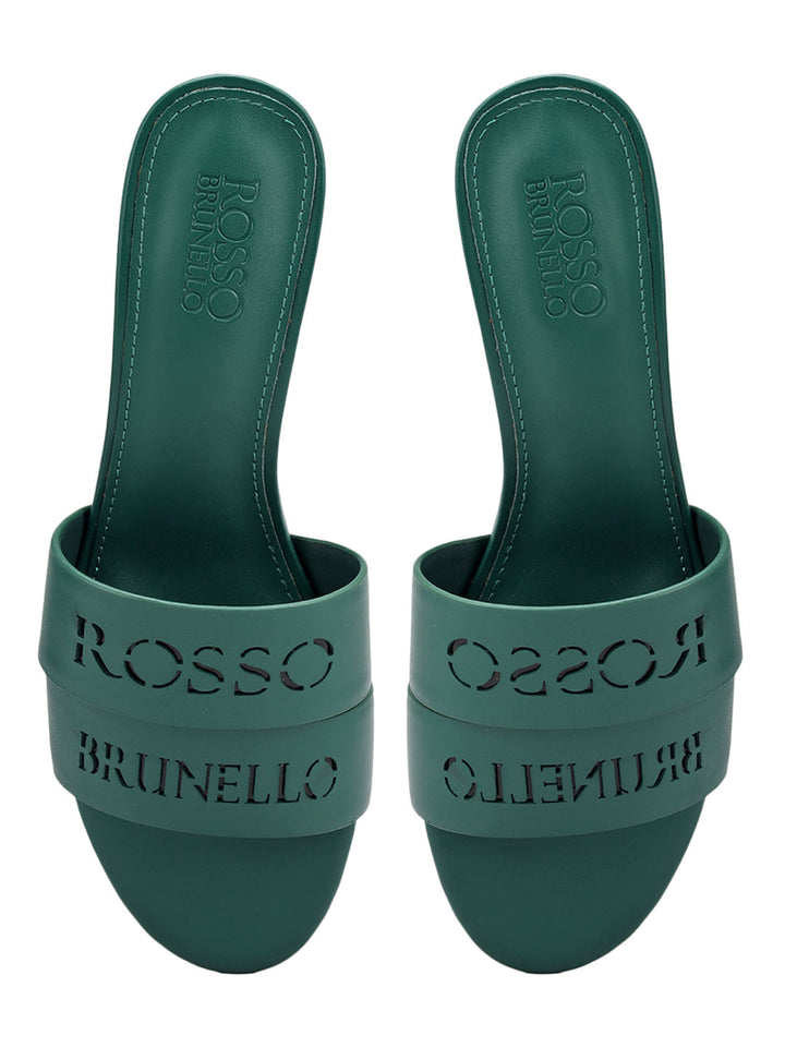 Green Plain Leather Block Heels