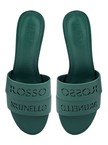 Green Plain Leather Block Heels