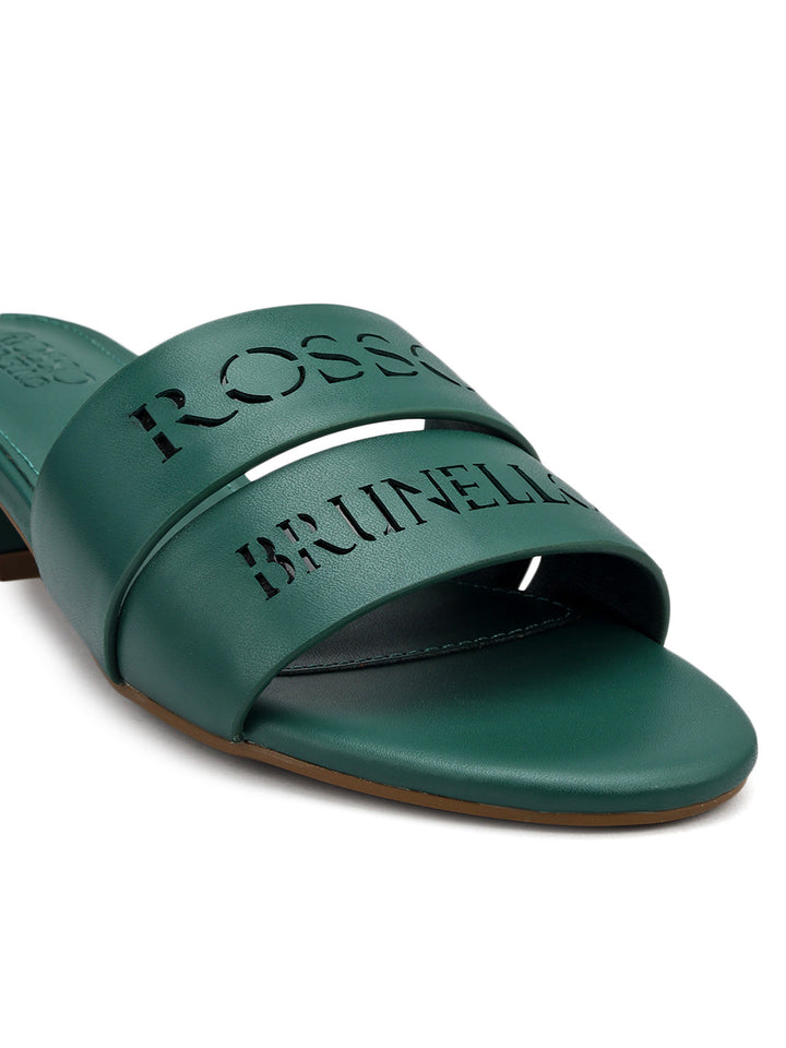 Green Plain Leather Block Heels