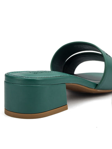Green Plain Leather Block Heels