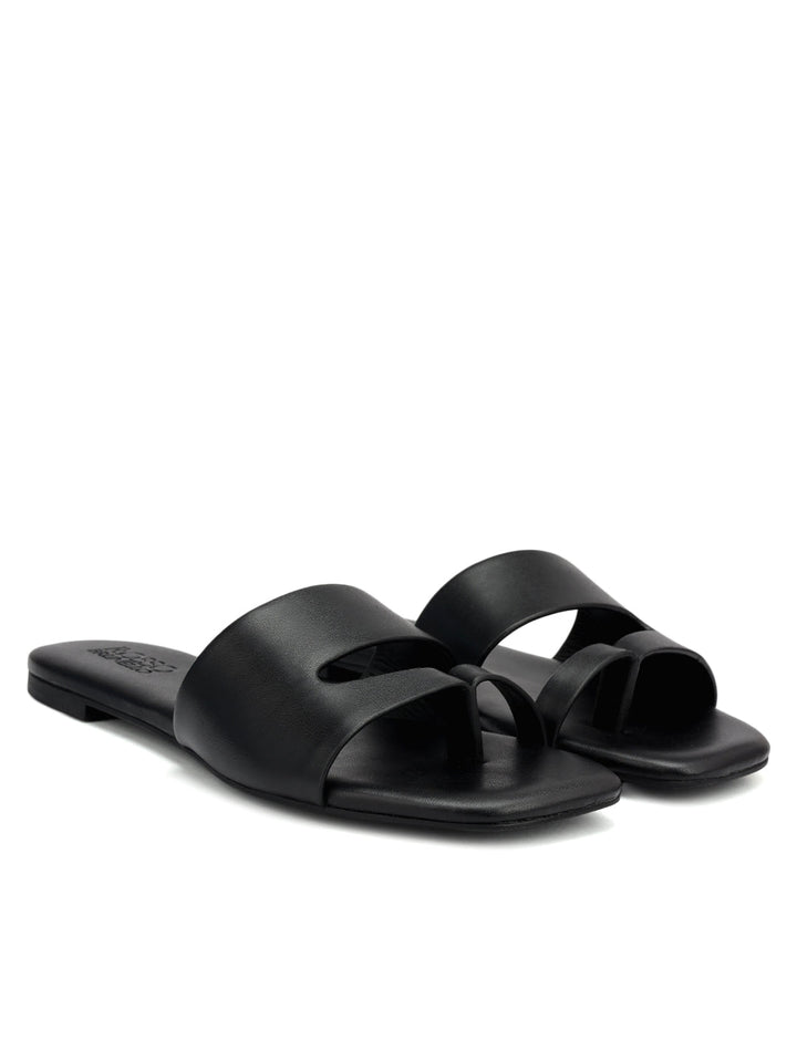 Black Leather Open Toe Flats