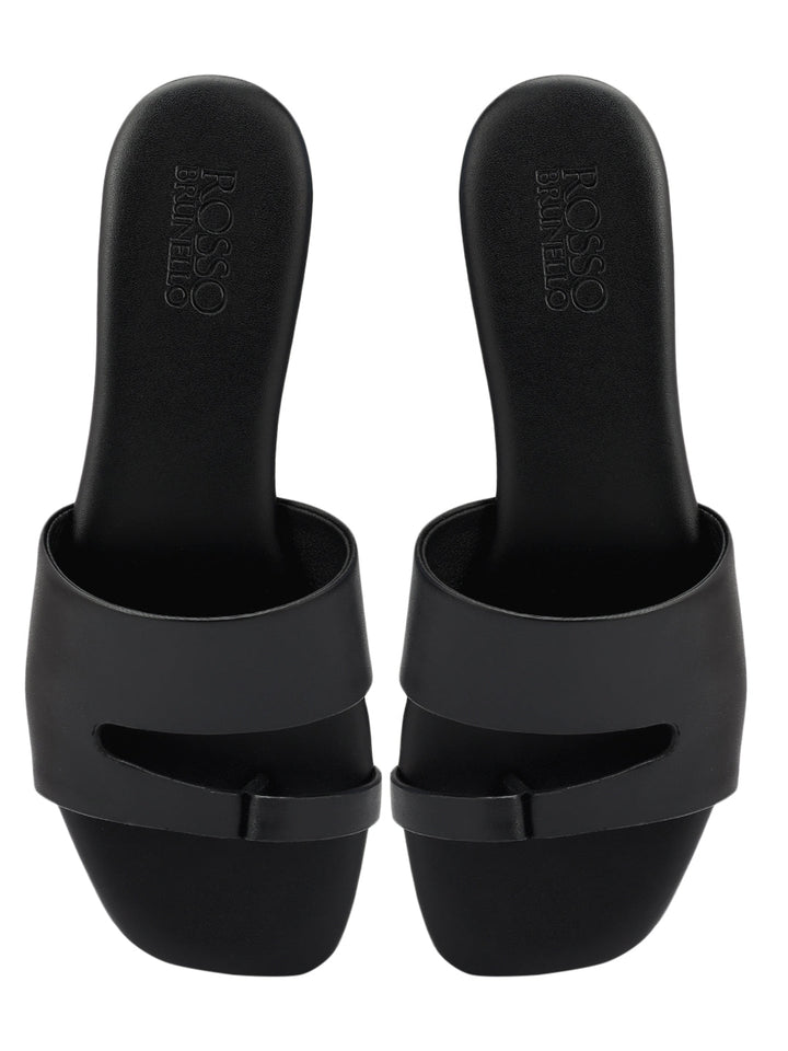 Black Leather Open Toe Flats