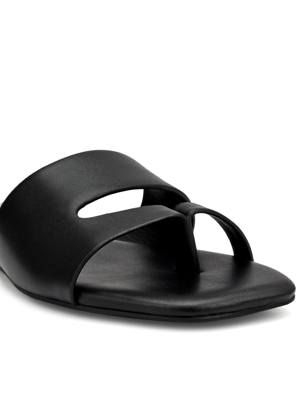 Black Leather Open Toe Flats