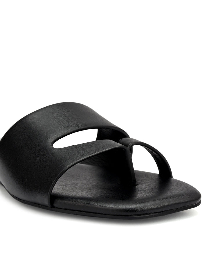 Black Leather Open Toe Flats