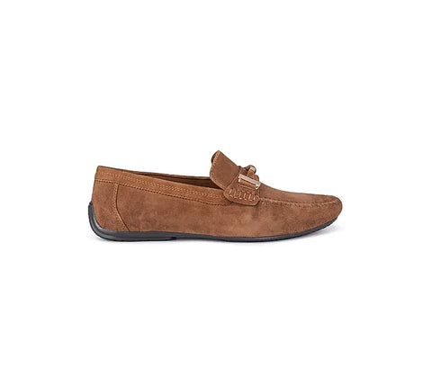 Camel Suede Moccasins With Metal Buckle