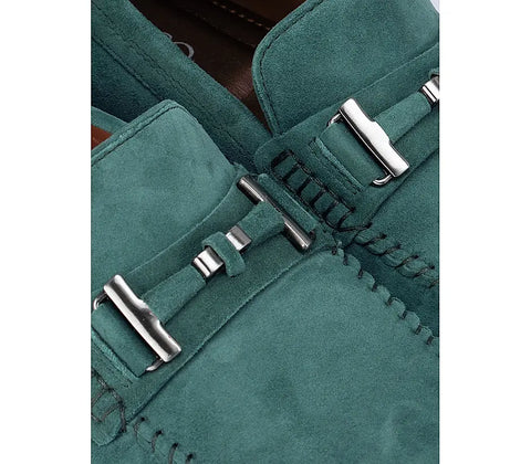 Green Suede Moccasins With Metal Buckle