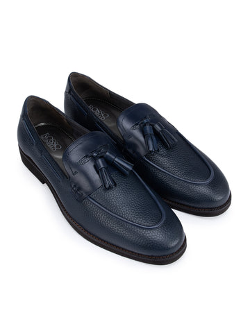 Navy Textured Loafers With Tassels