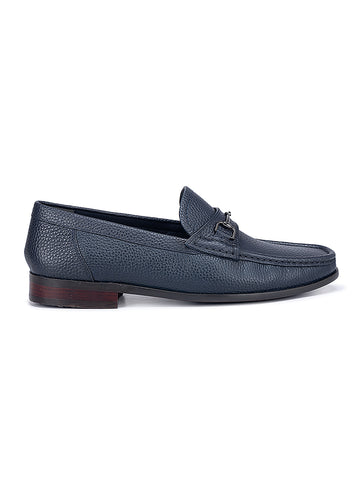Navy Textured Moccasins With Buckle