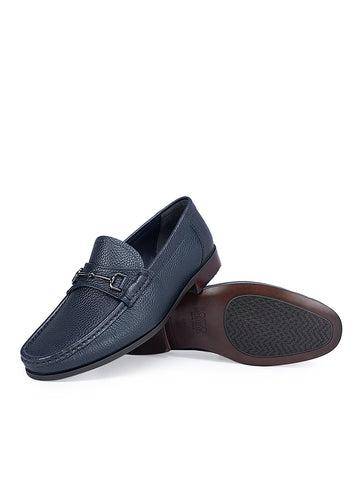 Navy Textured Moccasins With Buckle