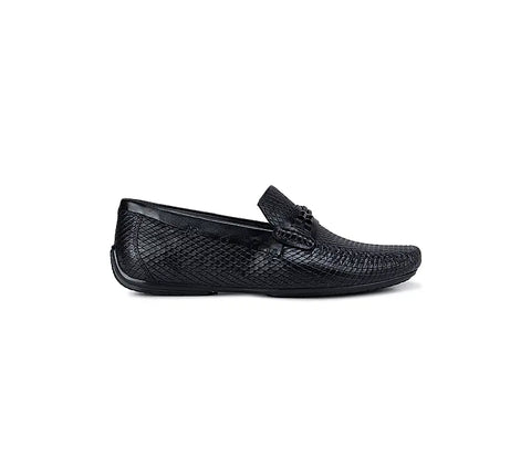 Black Textured Moccasins With Front Embellishments