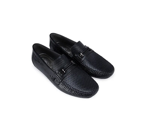Black Textured Moccasins With Front Embellishments