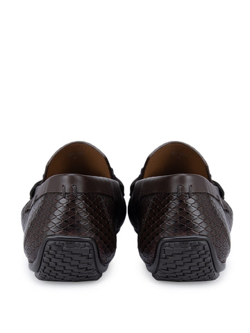 Coffee Textured Moccasins With Front Embellishment