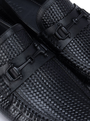 Black Textured Leather Moccasins With Buckle
