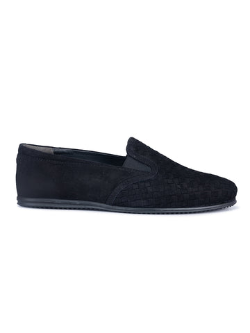 Black Suede Woven Pattern Loafers