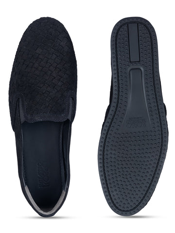 Black Suede Woven Pattern Loafers